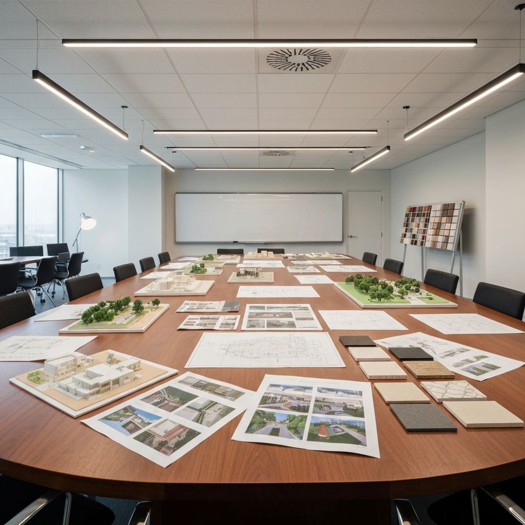 Professional design consultation workspace with architectural models and plans
